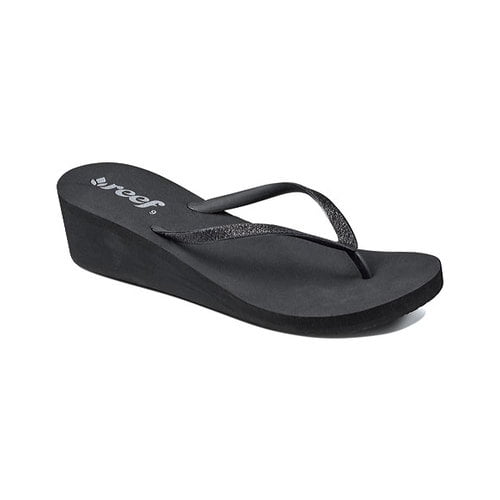 Reef KRYSTAL STAR Black Glitter Slip On Thong Wedge Flip Flops Women's Sandals 